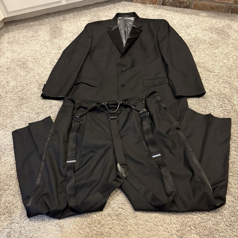 Calvin Klein Men's Black Wool 2-PC Jacket Pants Suit Size 46L 40W 31L Suspenders
